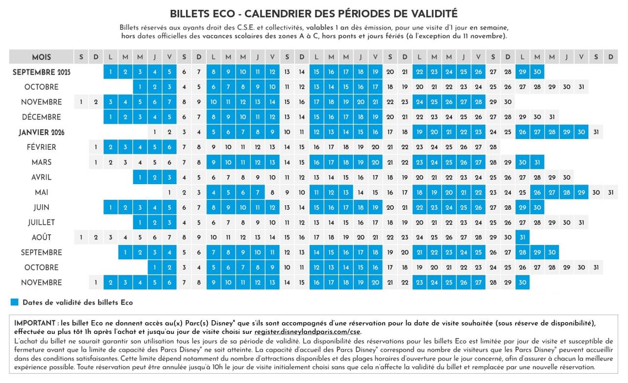 Calendrier des validités du billet ECO